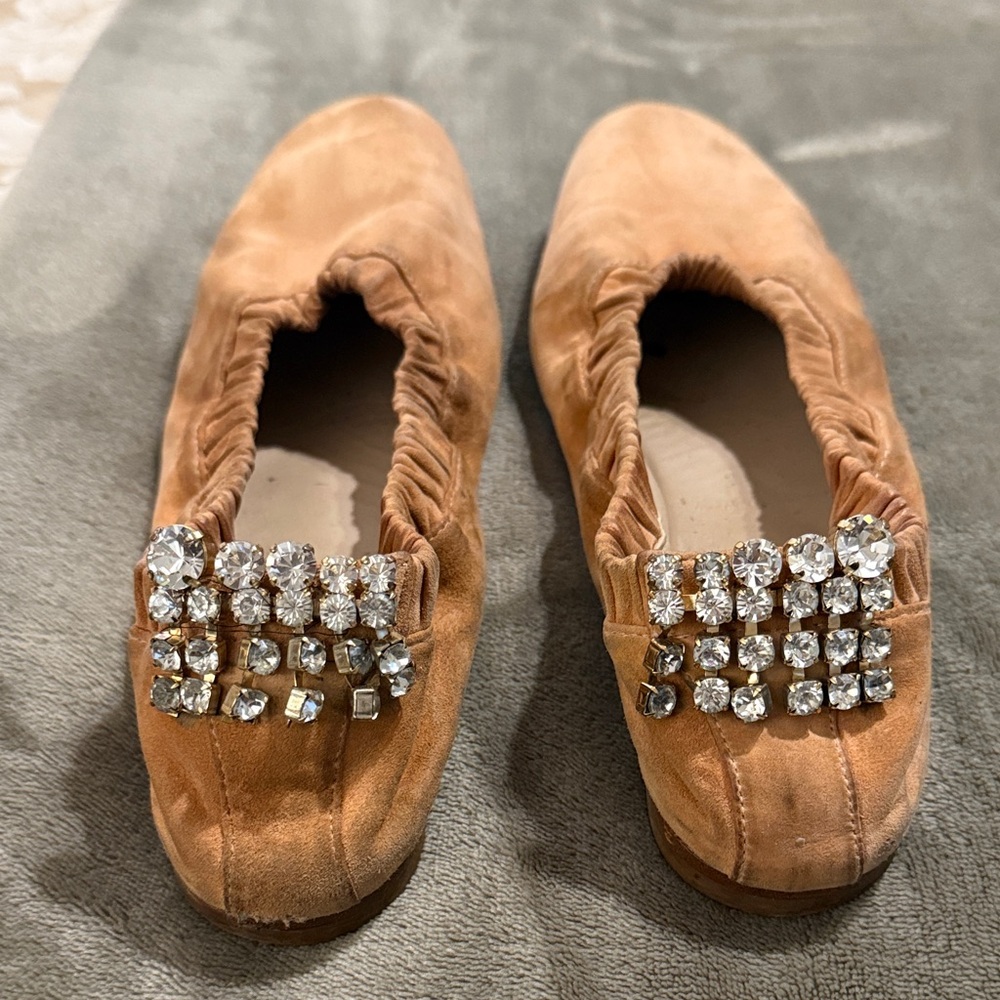 Stuart Weitzman Tan Flats with Rhinestone Embellishments
